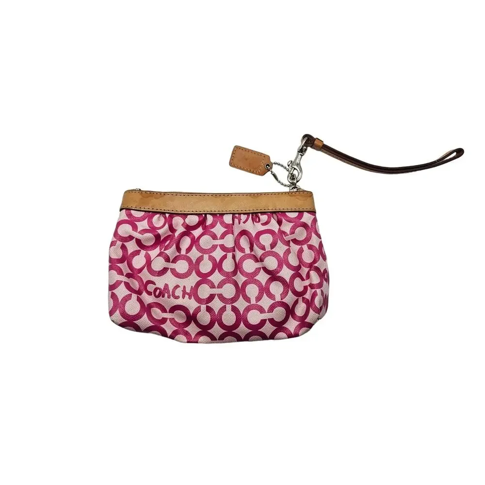 Coach Leah Opt Art Pink Coated Canvas Tan Leather Cosmetic Toiletry Make-up Bag‎